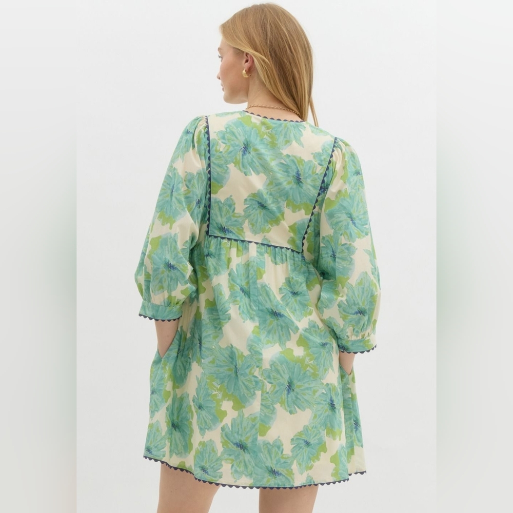 Anthropologie Entro Green White Floral Babydoll Dress Sz M Coastal Cowgirl Chic - Picture 3 of 15